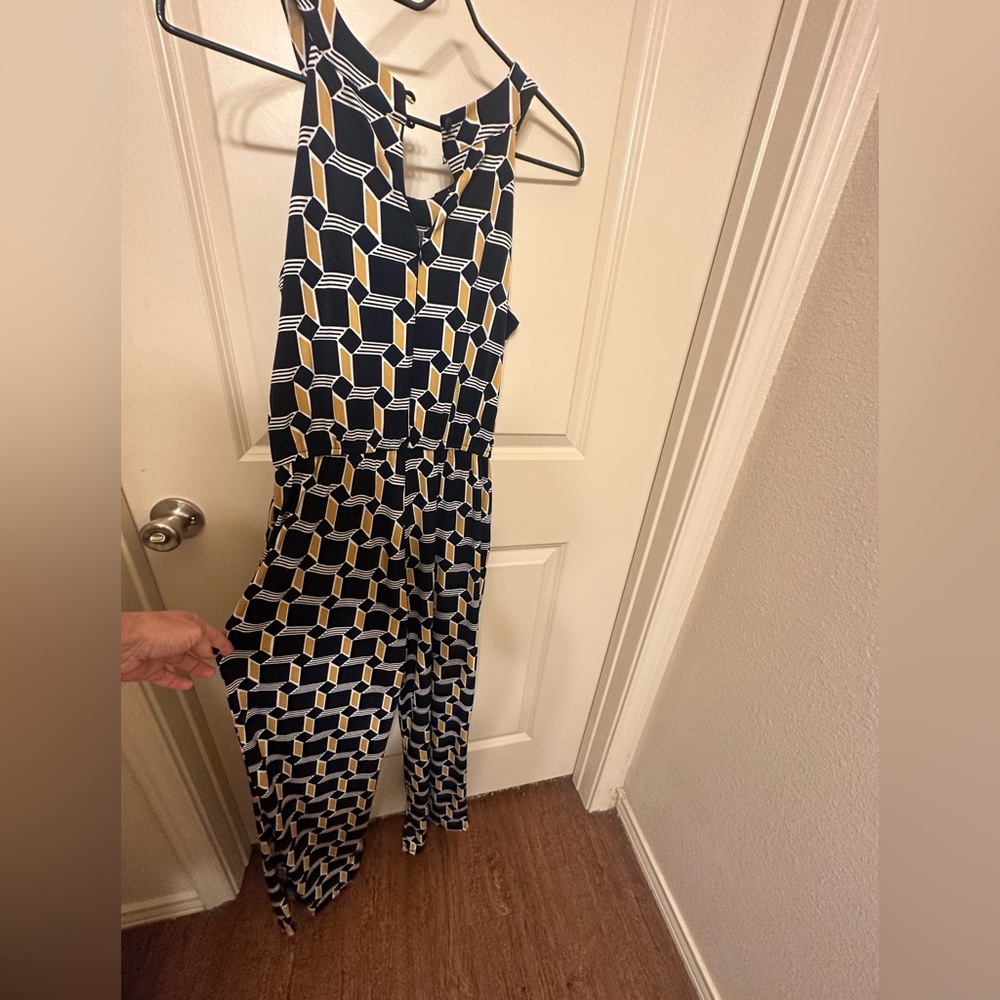 Jumpsuit Navy Blue and Mustard yellow geometric print size 6